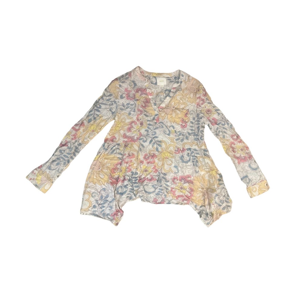 Women 8 Anthropologie Maeve Laiken Popover Blouse Long Slv Print Neutral Motif